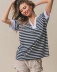 BiBi Contrast Striped Notched Knit Top