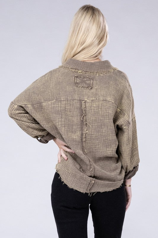 ZENANA Washed Double Gauze Button Down Shirt