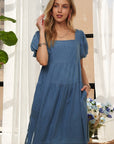 ADORA Square Neck Puff Sleeve Denim Dress