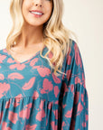 Celeste Full Size Tiered Floral V-Neck Long Sleeve Blouse