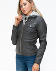 YMI Removable Faux Layered Multi-Pocket Jacket with Fuzzy Hood