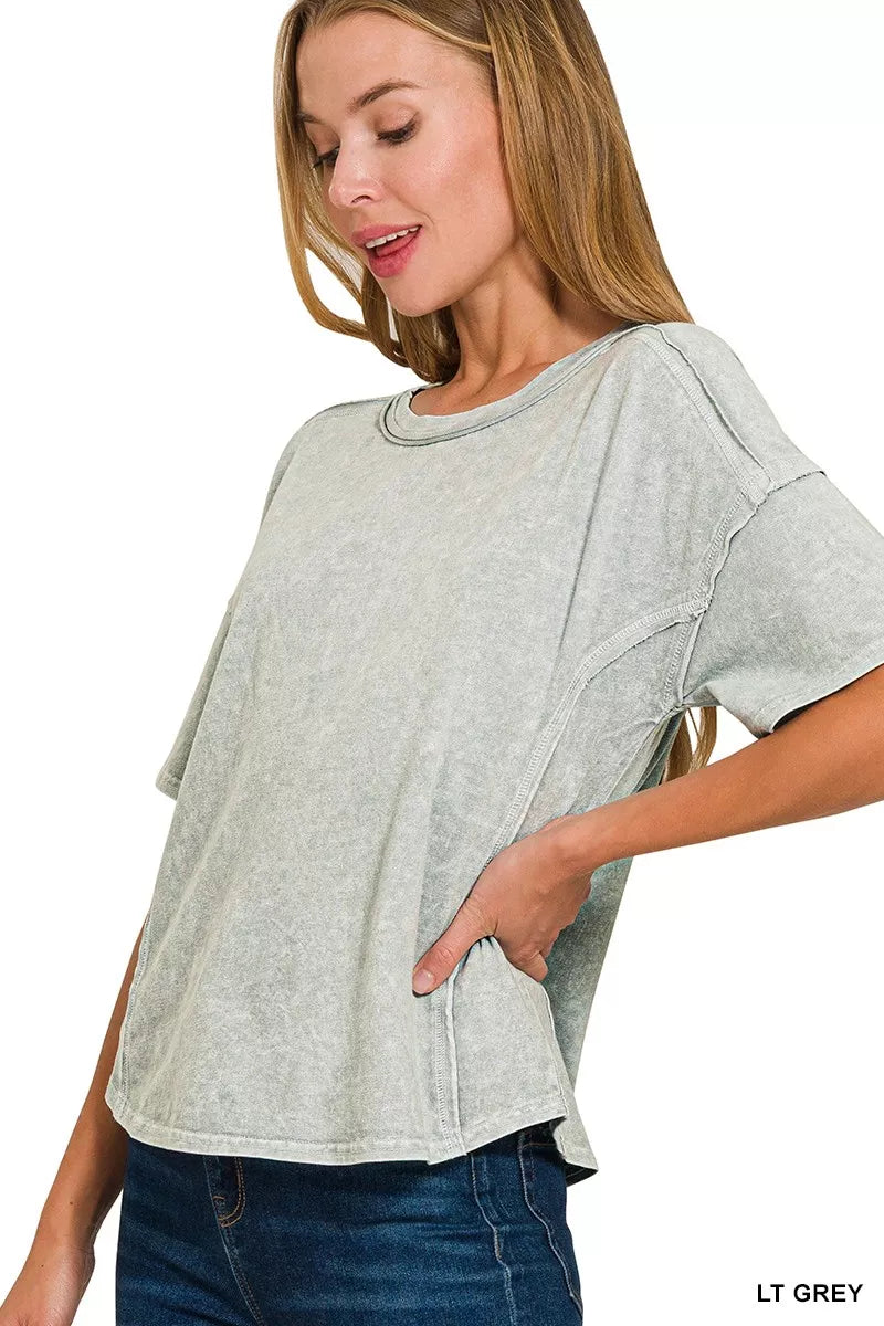 Zenana Halo Snow Washed Short Sleeve Tee and Shorts Set in Grey