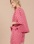 Ces Femme Checkered Round Neck Top and Shorts Set