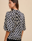 Annie Wear Tie Back Abstract Print Mock Neck Half Sleeve Blouse