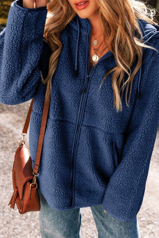 Fleece Zip-Up Drawstring Pocketed Hooded Jacket