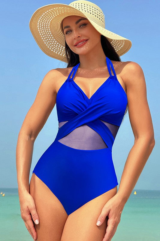 Color Block Halter Cross Lace One Piece Swimsuit
