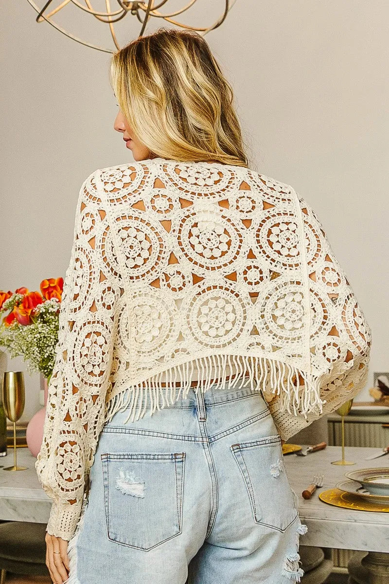 BiBi Dolman Sleeve Fringed Crochet Lace Cover Up