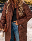 Solid Quilted Stand-Neck Zip-Up Buttoned  Puffer Coat