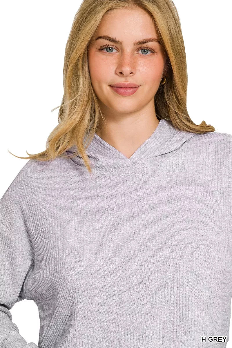 Zenana Drop Shoulder Ribbed Crop Hoodie in Grey