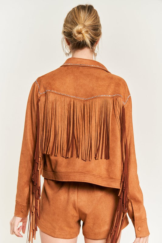 Jade By Jane Faux Suede Studded Fringe Jacket