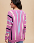 Annie Wear Chevron Stripe Round Neck Ribbed Sweater