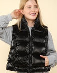 VERY J Shiny Metallic Zip Up Puffer Vest