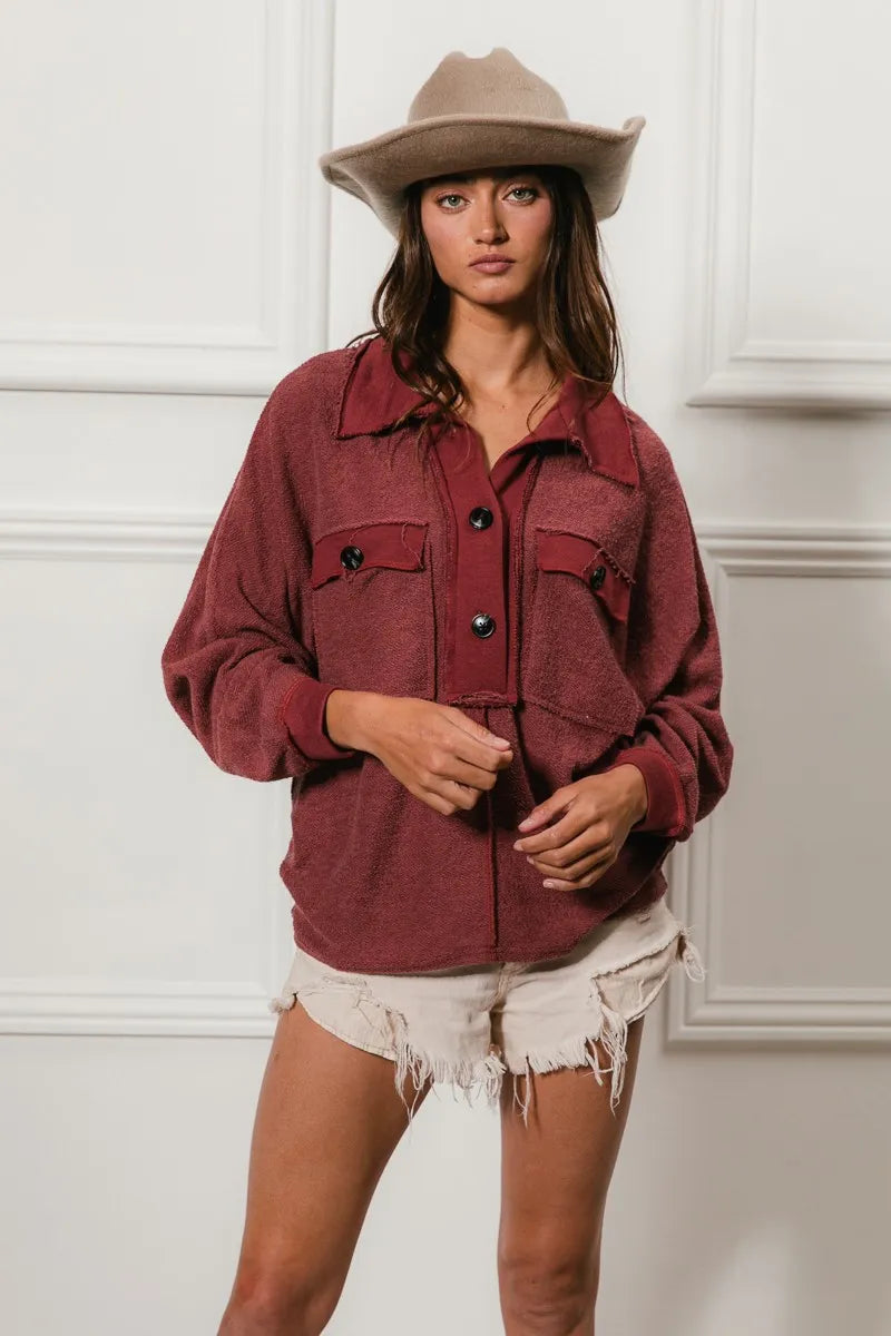 BiBi Cp French Terry Cut Edge Detail Collared Top