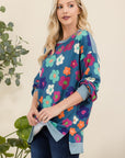 Celeste Full Size Side Slit Flower Print Long Sleeve Top