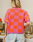 BiBi Checkered Short Sleeve Sequin Sweater