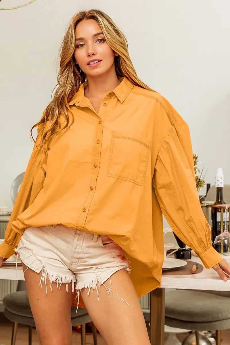 BiBi Vintage Washed Gathered Sleeve Oversized Shirt