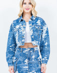 American Bazi Jacquard Trim Cropped Denim Jacket