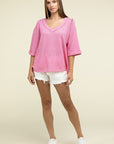 Zenana Brushed Waffle Exposed-Seam 3/4 Sleeve Top