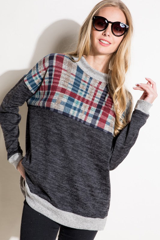 e Luna PLUS Solid Plaid Mock Neck Top