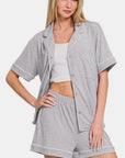 Zenana Button Down Short Sleeve Top and Shorts Lounge Set