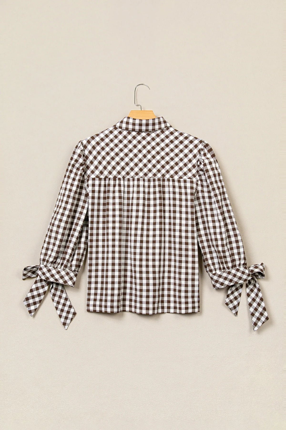 Brown Gingham Ruffle Collar Bow Cuff Blouse