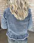 Beau Blue Ruffle Raw Hem Flap Pockets Denim Jacket