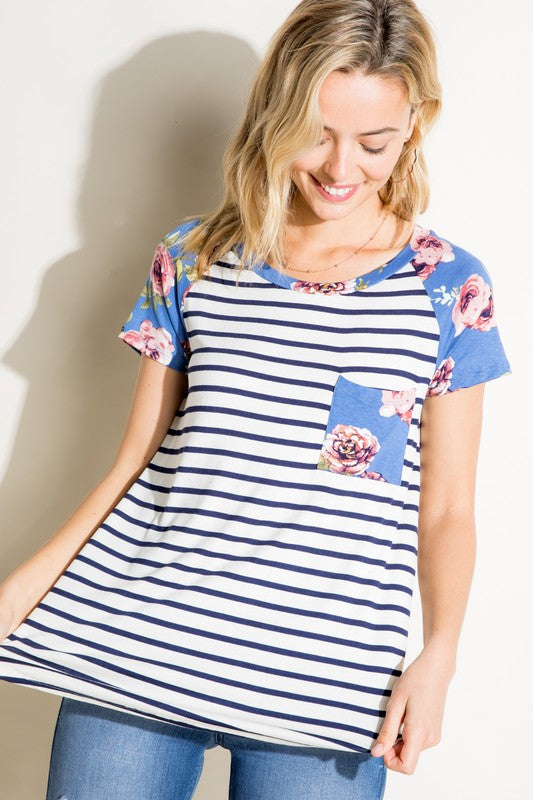 e Luna Striped Floral Mix Pocket Top