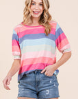 BOMBOM Striped Round Neck Half Sleeve T-Shirt