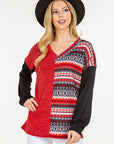 Celeste Full Size Contrast Geometric V-Neck Long Sleeve Blouse