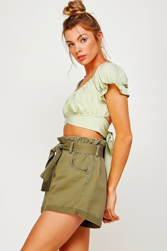 Off  Shoulder Pleated Crop Top with Back Ribbon Tie