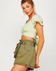 Off  Shoulder Pleated Crop Top with Back Ribbon Tie