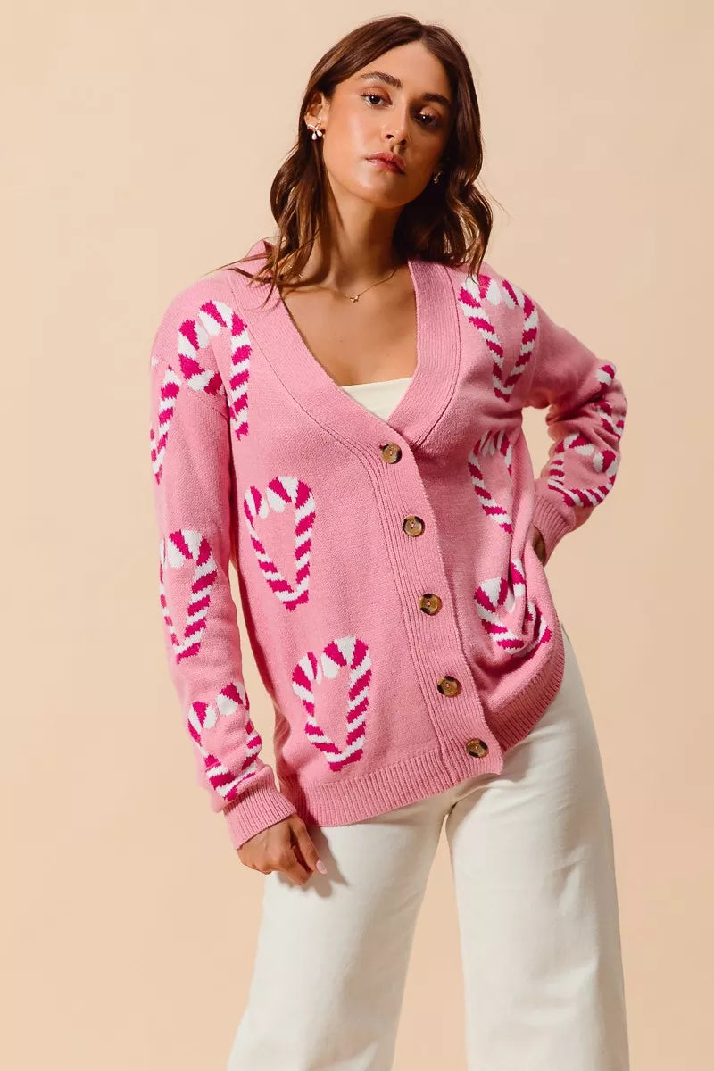 SO ME Christmas Candy Cane Button Front Sweater Cardigan