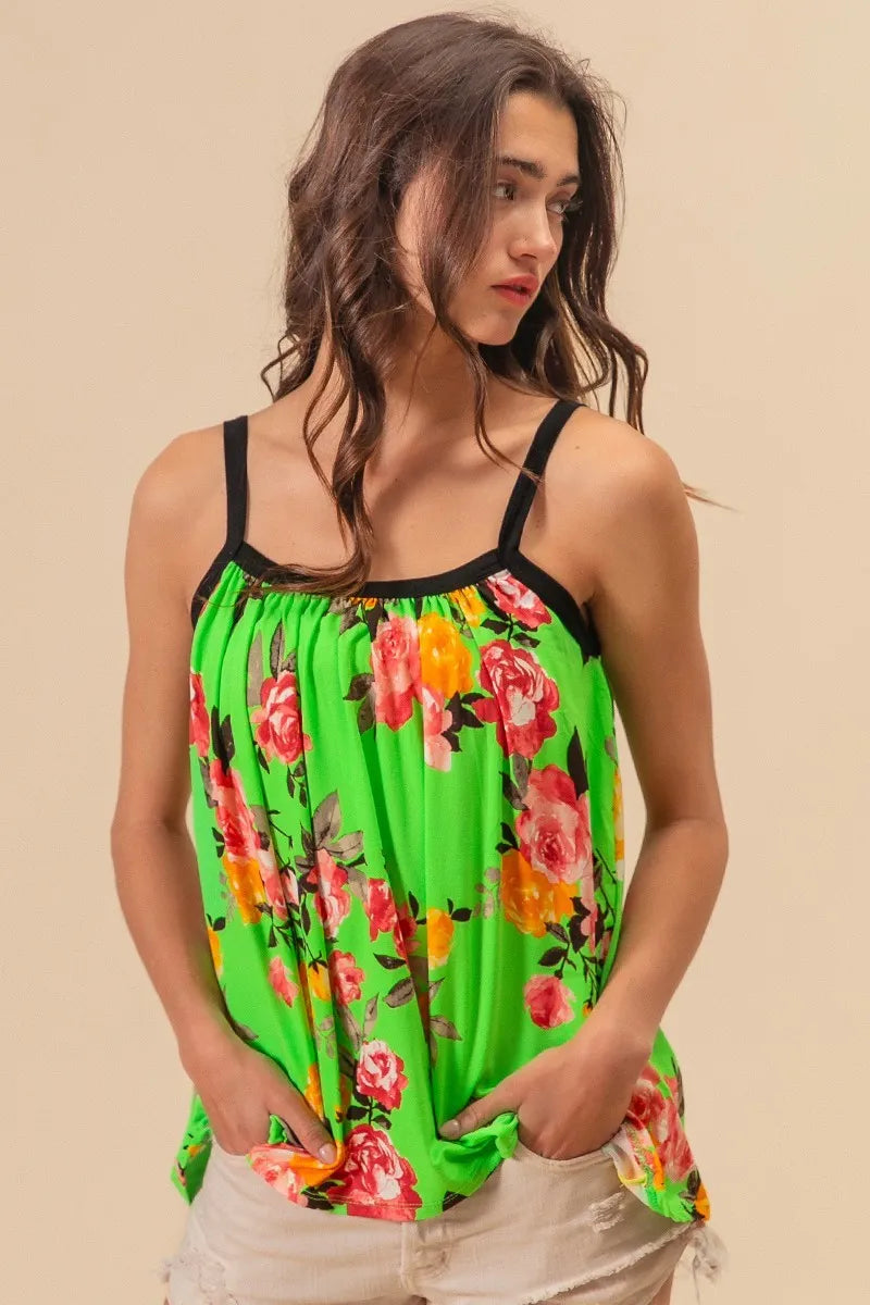 BiBi Floral Print Jersey Knit Gathering Cami Top in Lime
