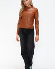 Snobbish Faux Leather Zip Up Drawstring Hooded Jacket