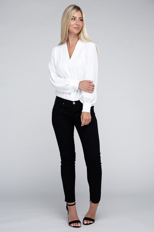 Zenana Woven Airflow V-Neck Long Sleeve Top