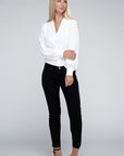 Zenana Woven Airflow V-Neck Long Sleeve Top