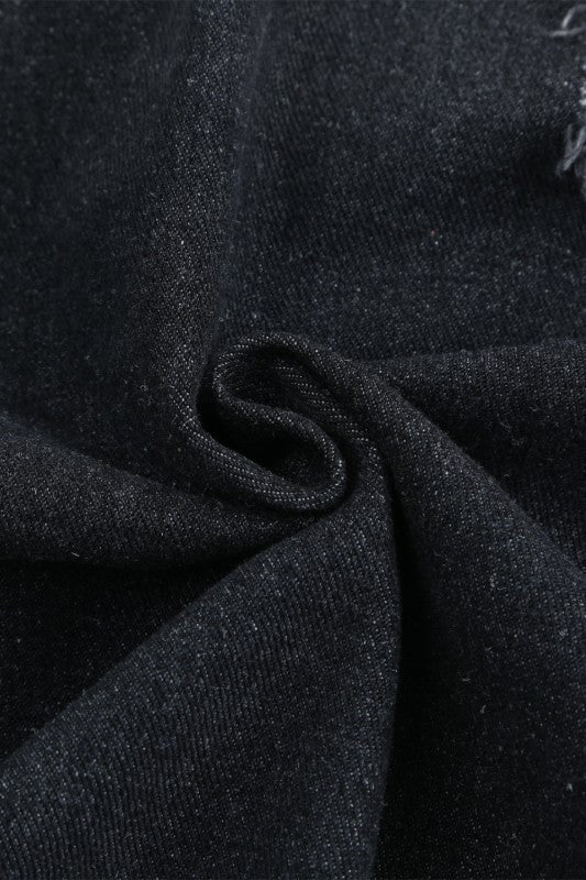 Denim Lapel Distressed Raw Hem Buttoned Jacket