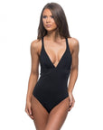 Solid Braided Back Plunging One Piece Swimsuit