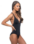 Solid Braided Back Plunging One Piece Swimsuit