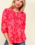 Haptics Full Size Ribbon Bow Floral Balloon Sleeve Blouse