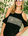 e Luna PLUS Camouflage Cold Shoulder Top