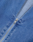Denim Shirred Waist Zip-Up V-Neck Midi Dress