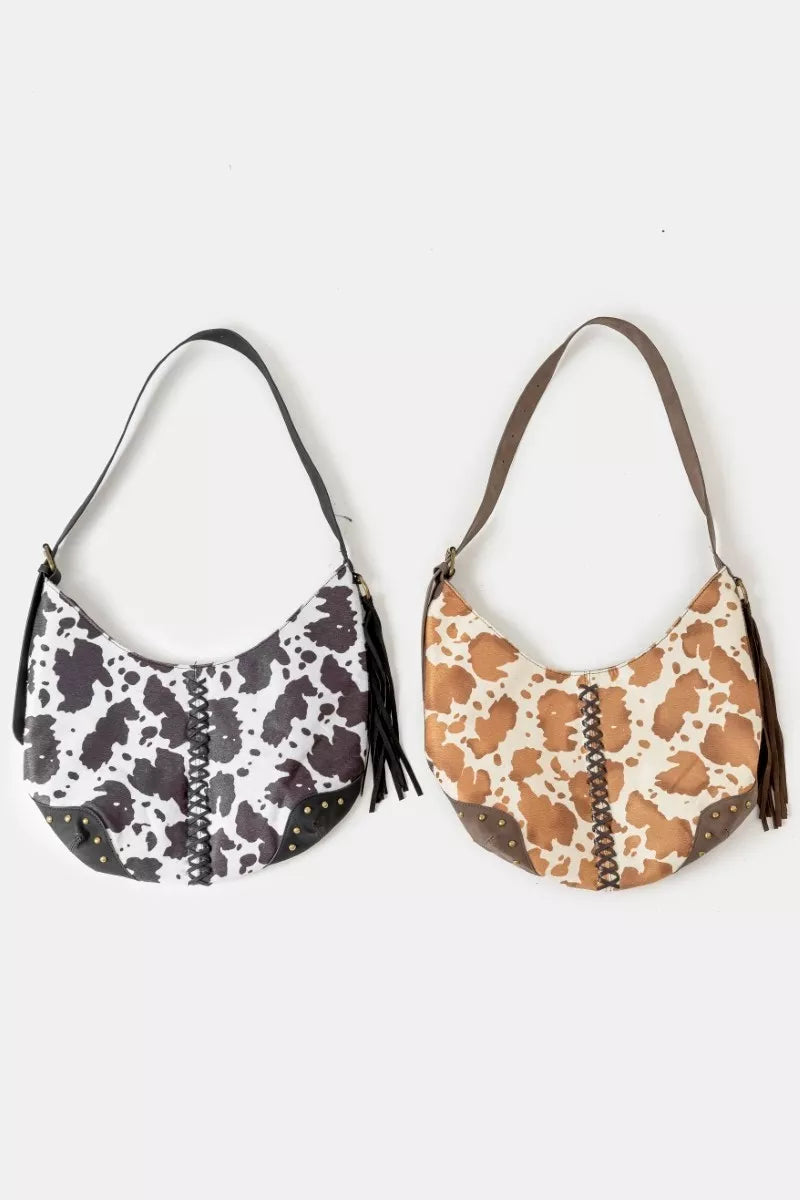 Fame Cow Print Hobo Shoulder Bag with Studded Details