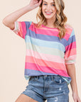 BOMBOM Striped Round Neck Half Sleeve T-Shirt