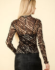 VERY J  Zebra Print Mock Neck Sheer Mesh Blouse