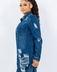 American Bazi Distressed Button Up Long Sleeve Denim Jacket