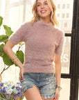 ADORA Fuzzy Mock Neck Short Sleeve Sweater