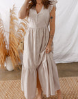 Stripe Flutter Sleeve Buttoned V-Neck Maxi Dress