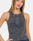 Zenana Washed Ribbed Half Snap Seamless Tank