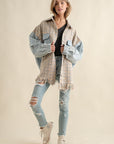 Tweed Mixed Denim Shacket with Fringed Hem